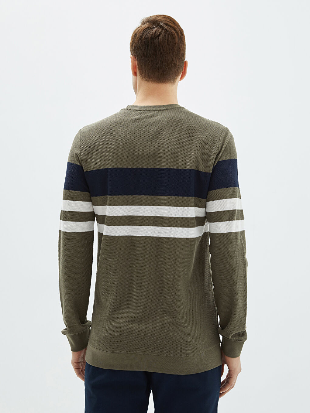 Yeşil Bisiklet Yaka Uzun Kollu Çizgili Erkek Sweatshirt-4