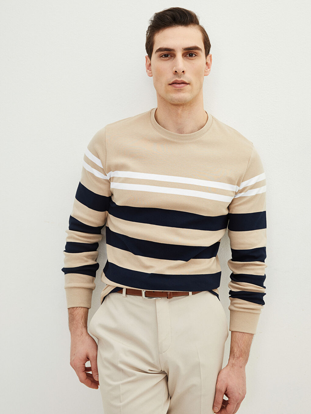 Crew Neck Long Sleeve Striped Men's T-Shirt-1