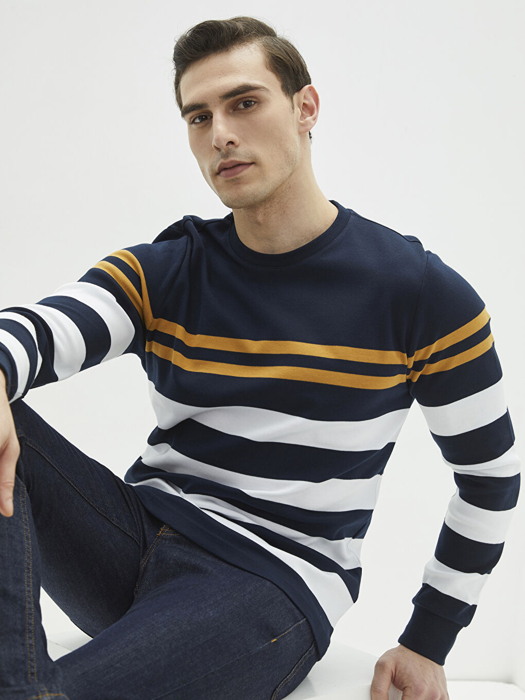 Lacivert Bisiklet Yaka Uzun Kollu Çizgili Erkek Tişört