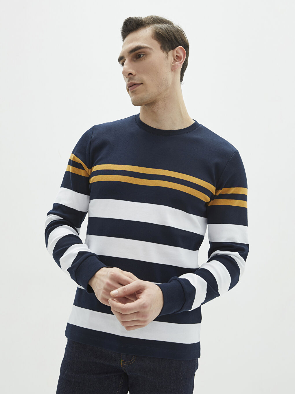 Lacivert Bisiklet Yaka Uzun Kollu Çizgili Erkek Tişört-1