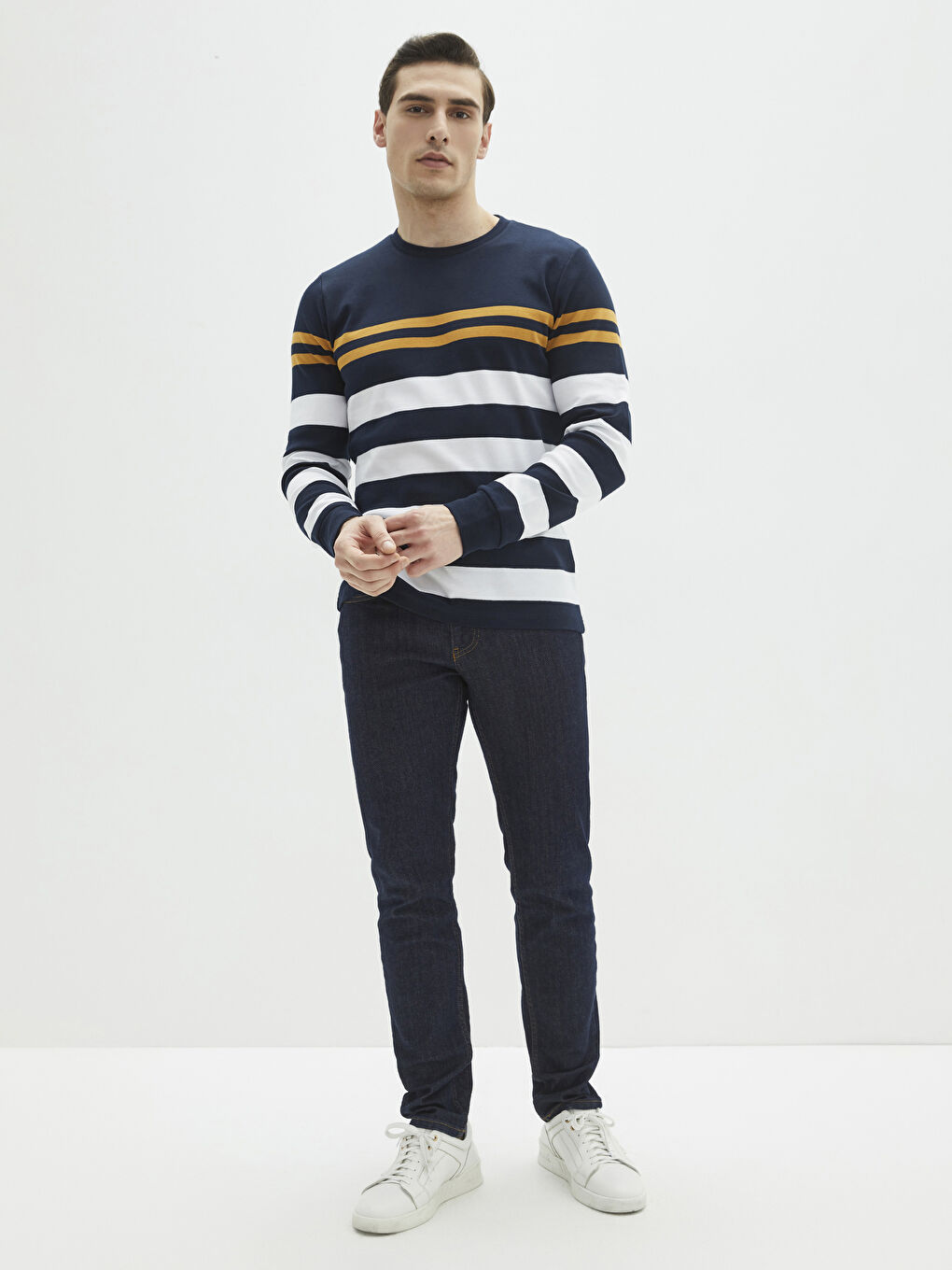 Lacivert Bisiklet Yaka Uzun Kollu Çizgili Erkek Tişört-2