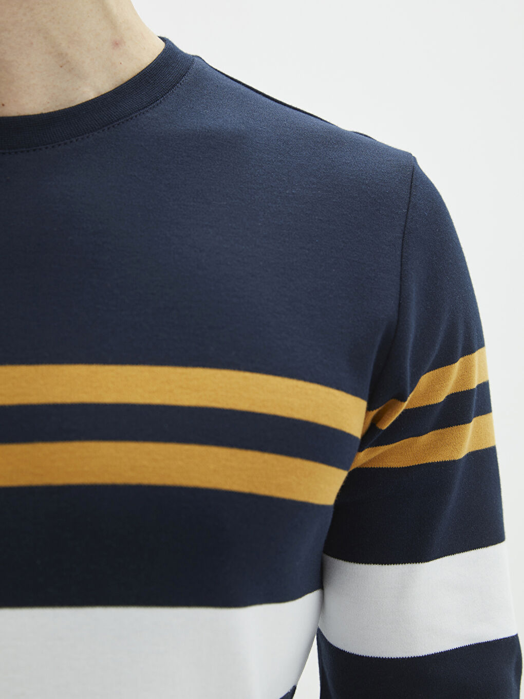 Lacivert Bisiklet Yaka Uzun Kollu Çizgili Erkek Tişört-3