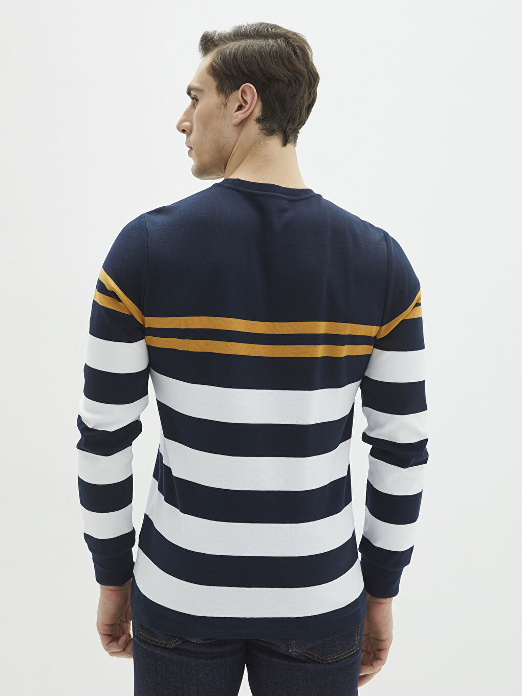Lacivert Bisiklet Yaka Uzun Kollu Çizgili Erkek Tişört-4