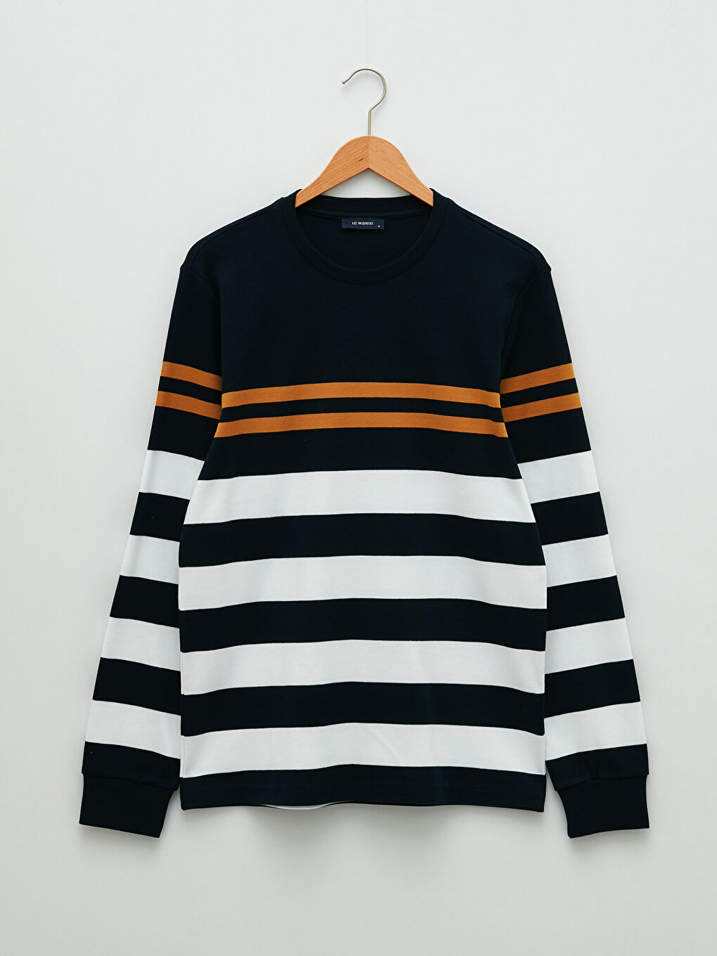 Lacivert Bisiklet Yaka Uzun Kollu Çizgili Erkek Tişört-5