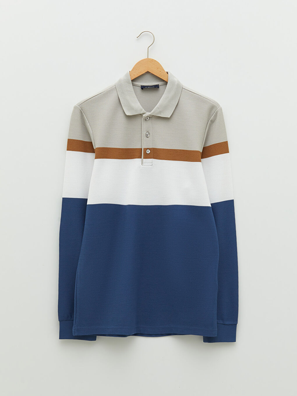 Mavi Polo Yaka Uzun Kollu Çizgili Erkek Tişört-5