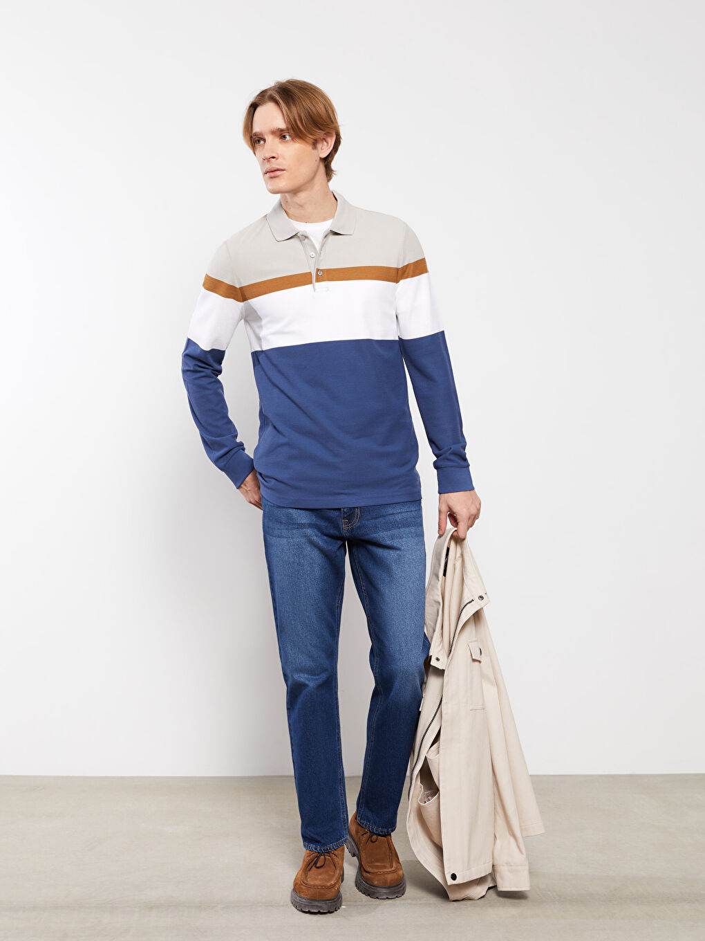 Mavi Polo Yaka Uzun Kollu Çizgili Erkek Tişört