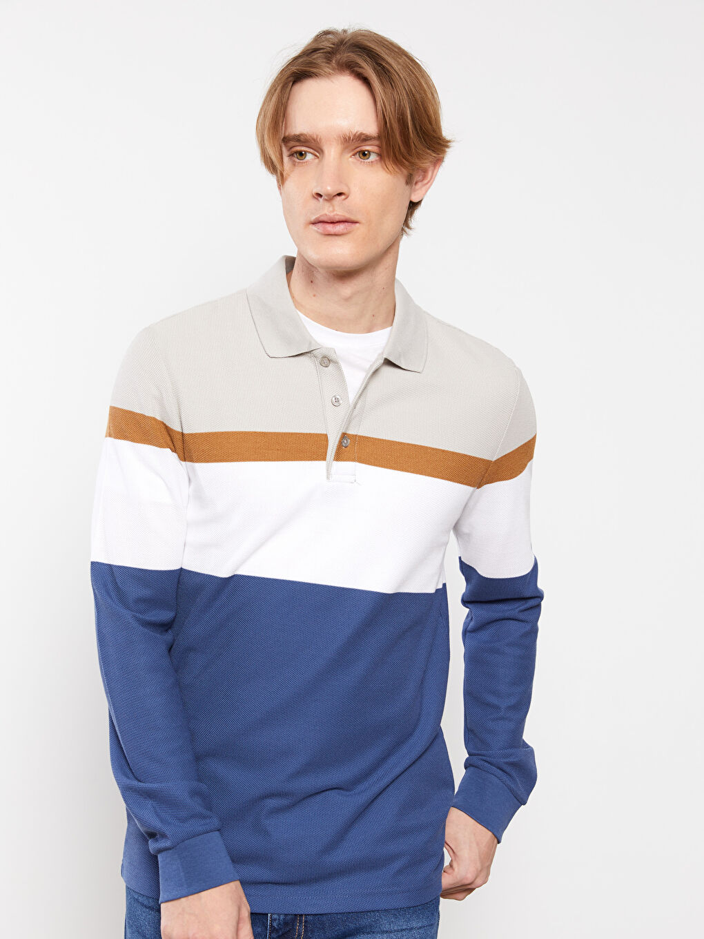 Mavi Polo Yaka Uzun Kollu Çizgili Erkek Tişört-2