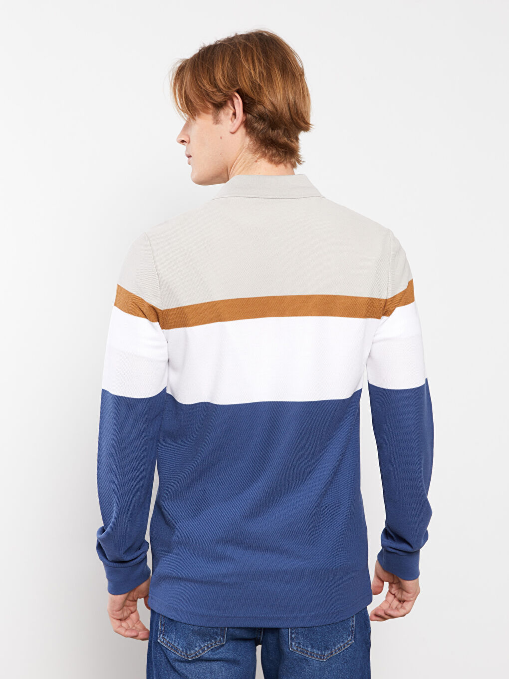 Mavi Polo Yaka Uzun Kollu Çizgili Erkek Tişört-4