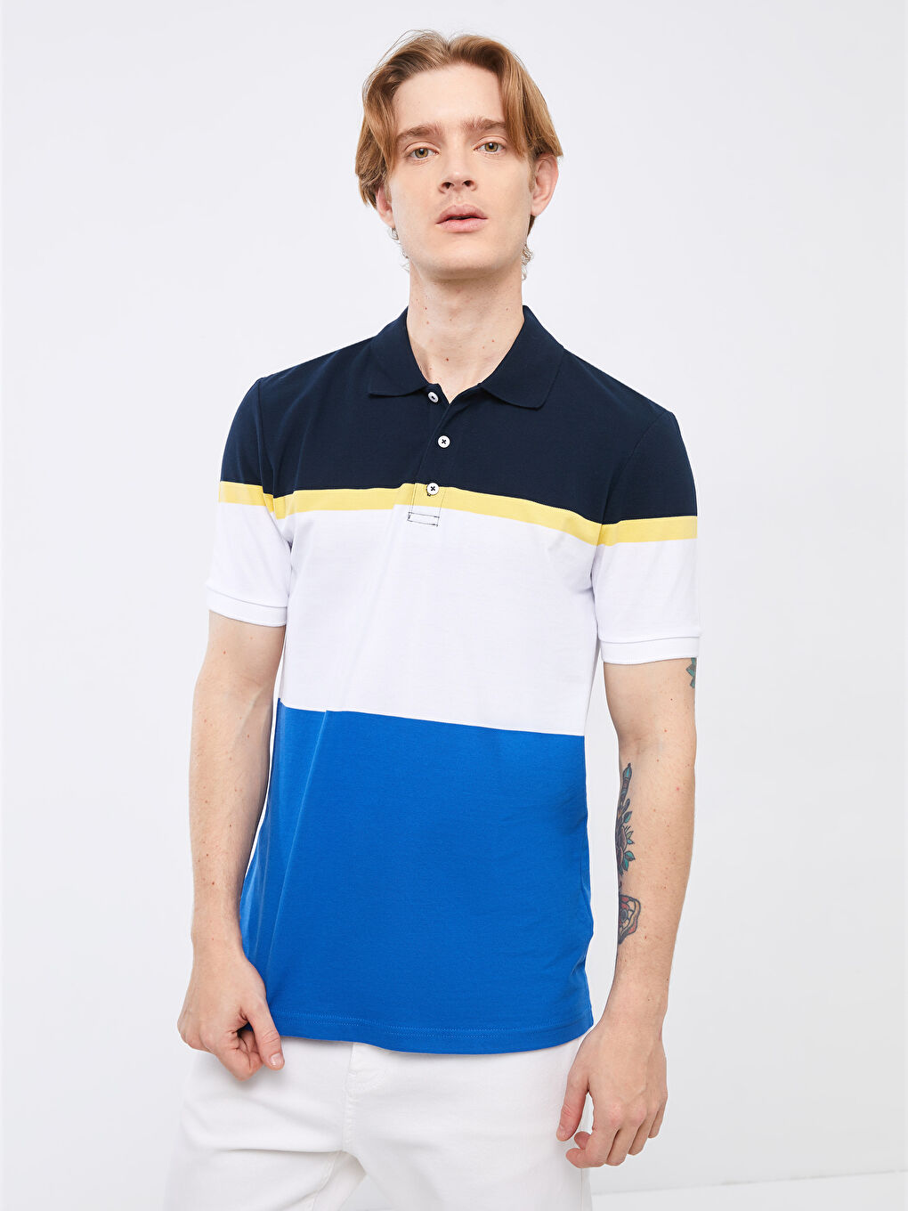 Mavi Polo Yaka Kısa Kollu Renk Bloklu Erkek Tişört-2