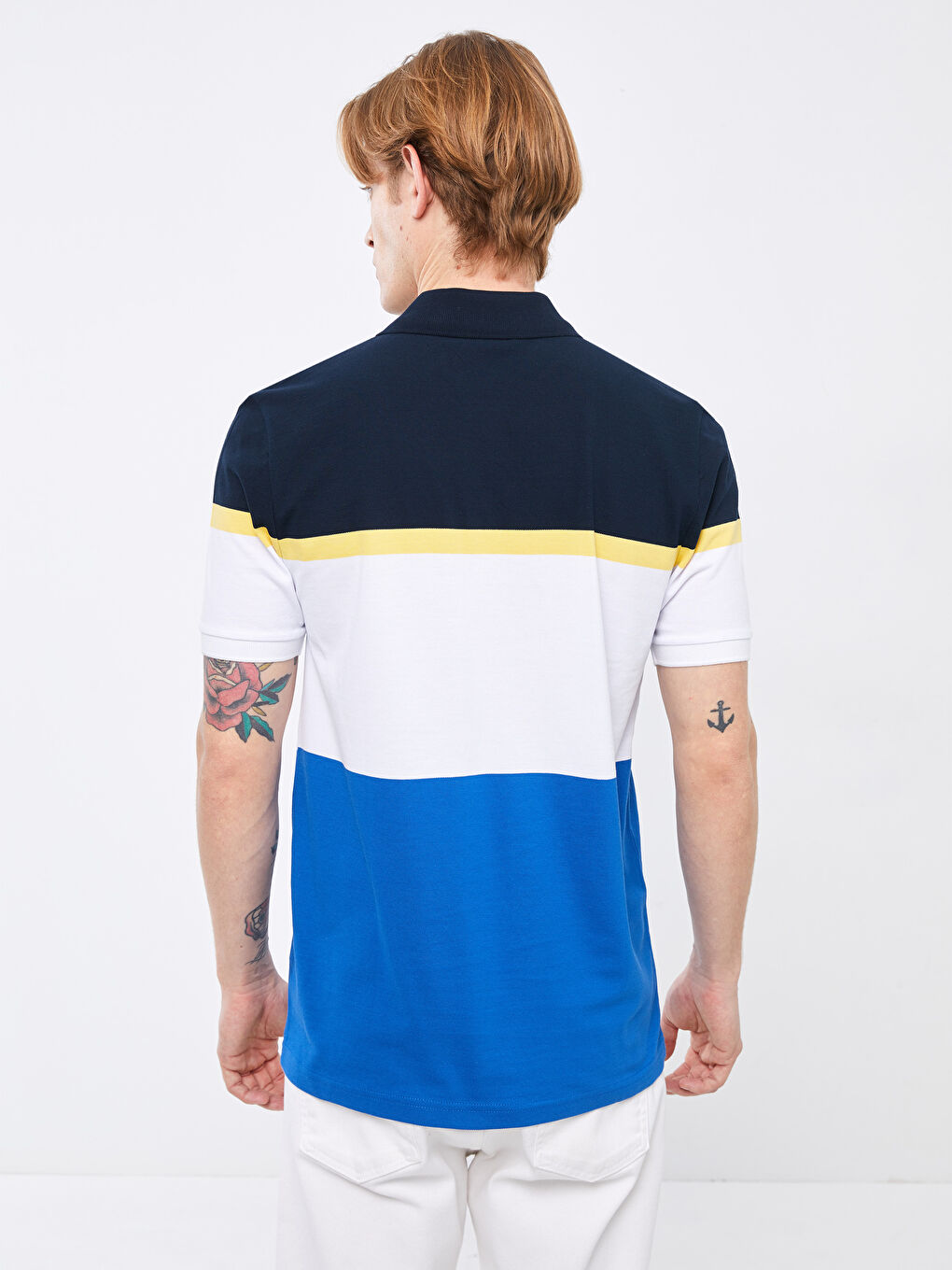 Mavi Polo Yaka Kısa Kollu Renk Bloklu Erkek Tişört-4