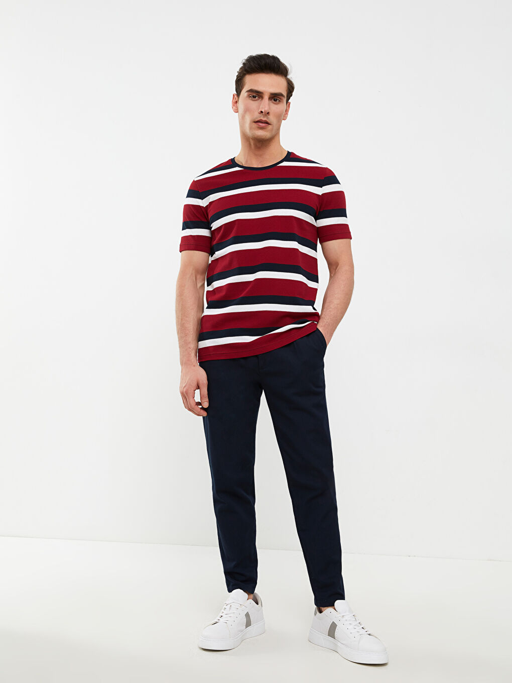 Bordo Bisiklet Yaka Kısa Kollu Çizgili Penye Erkek Tişört