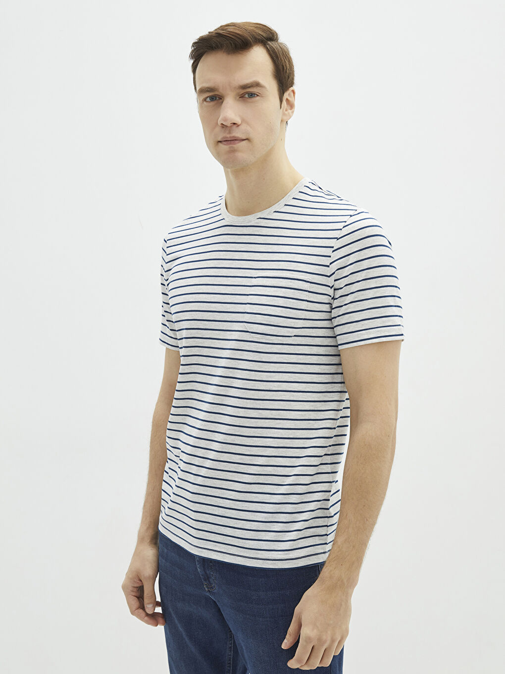 Bej Bisiklet Yaka Kısa Kollu Çizgili Penye Erkek Tişört-1
