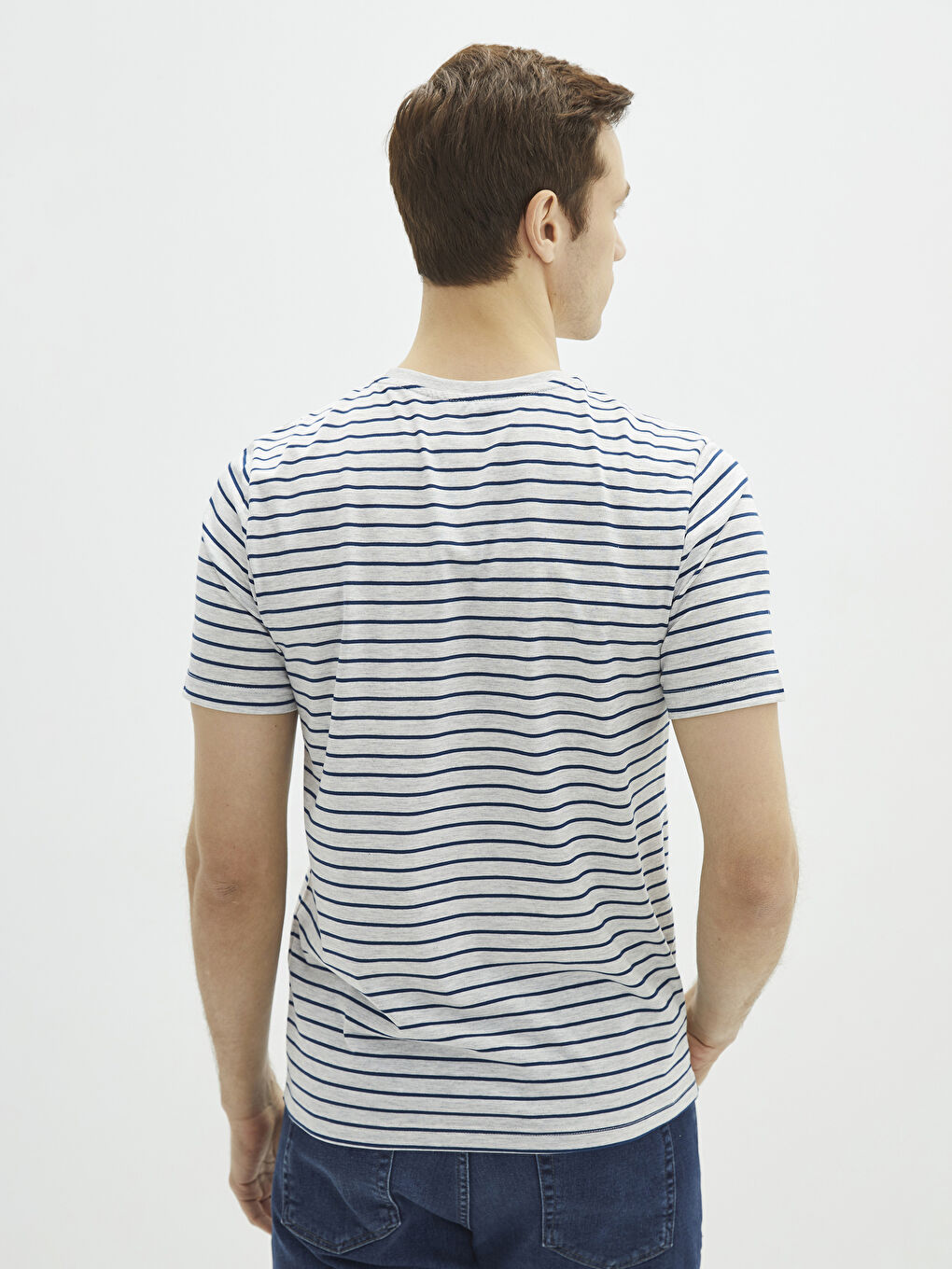 Bej Bisiklet Yaka Kısa Kollu Çizgili Penye Erkek Tişört-4