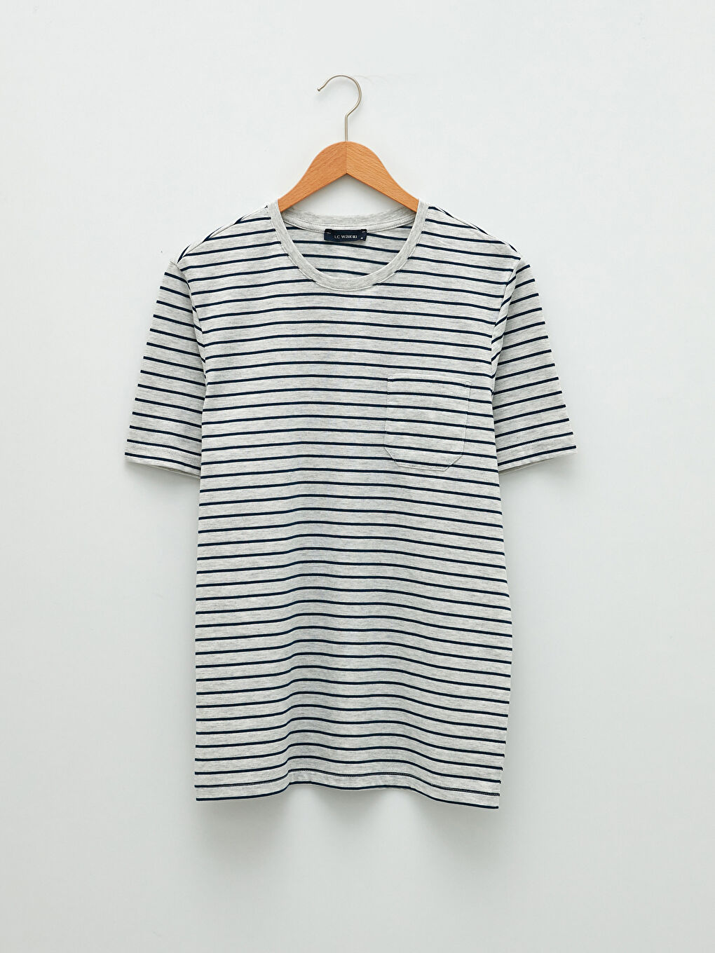 Bej Bisiklet Yaka Kısa Kollu Çizgili Penye Erkek Tişört-5