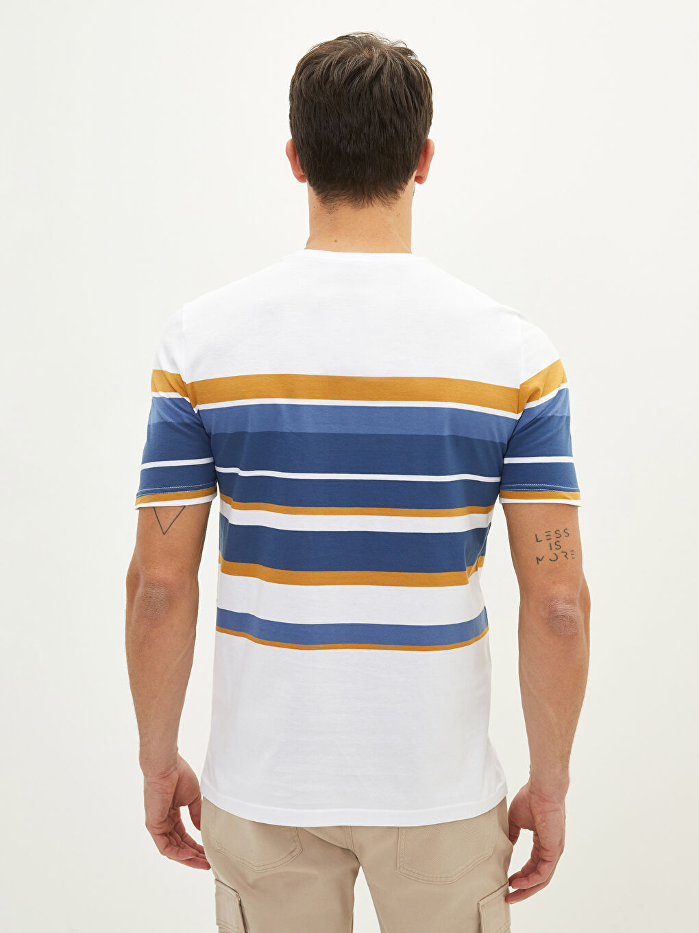 Beyaz Bisiklet Yaka Kısa Kollu Çizgili Penye Erkek Tişört-4