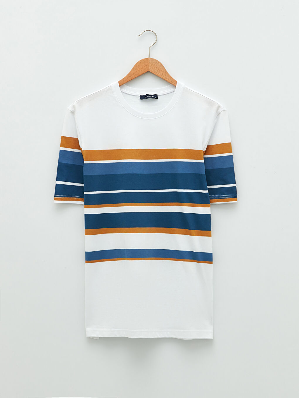 Beyaz Bisiklet Yaka Kısa Kollu Çizgili Penye Erkek Tişört-5