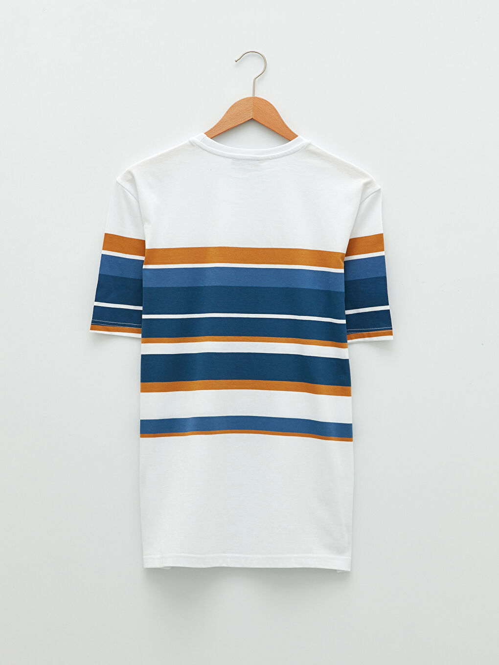 Beyaz Bisiklet Yaka Kısa Kollu Çizgili Penye Erkek Tişört-6