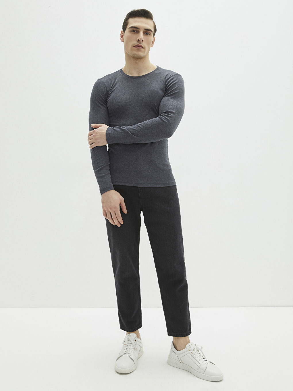 Tricou Basic cu Mânecă Lungă și Guler Rotund pentru Bărbați-2