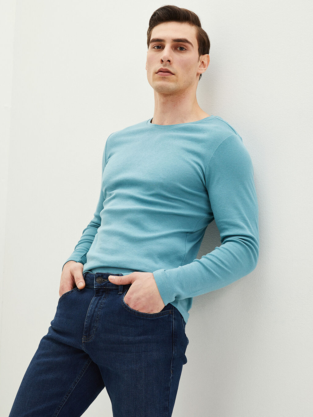 Yeşil Bisiklet Yaka Uzun Kollu Basic Erkek Tişört