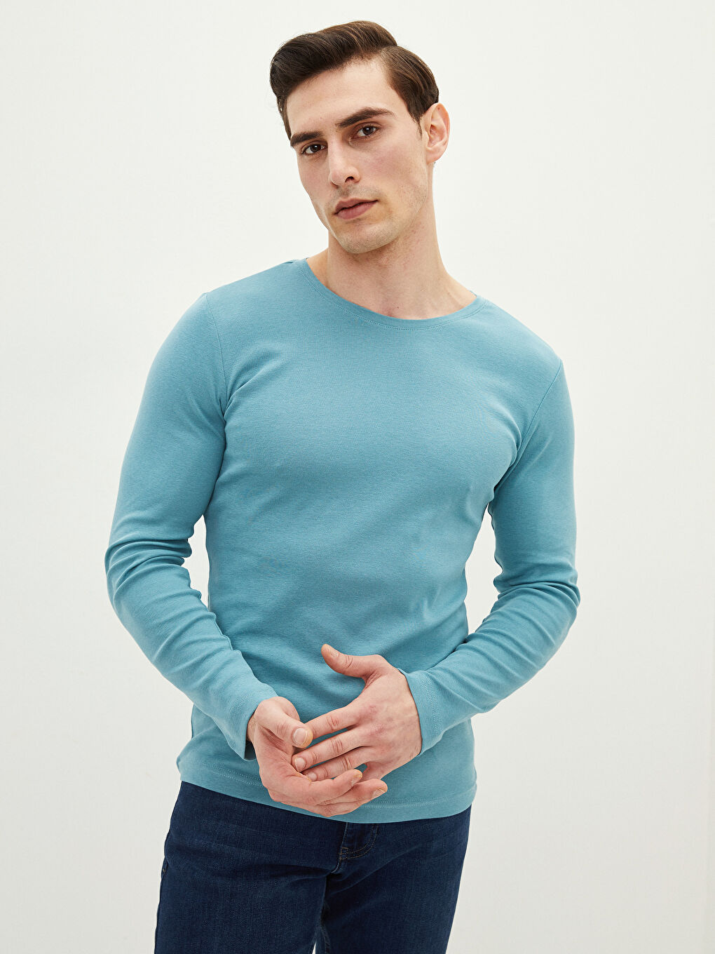 Yeşil Bisiklet Yaka Uzun Kollu Basic Erkek Tişört-1