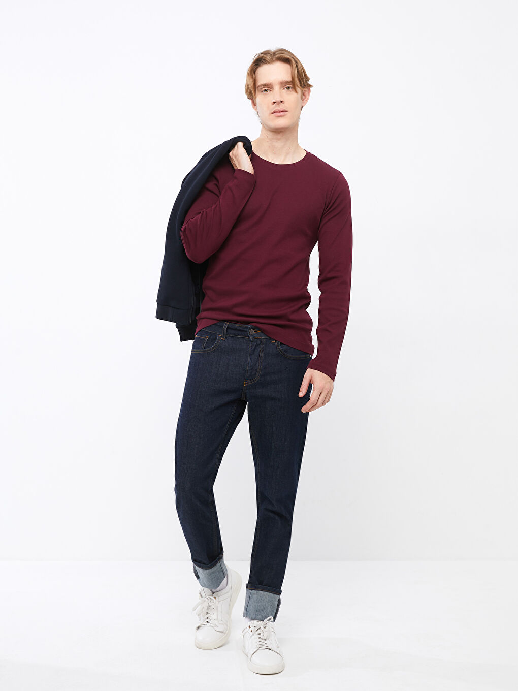 Bordo Bisiklet Yaka Uzun Kollu Basic Erkek Tişört