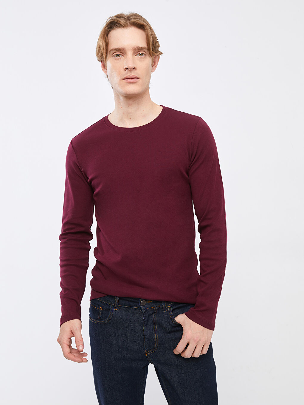 Bordo Bisiklet Yaka Uzun Kollu Basic Erkek Tişört-1