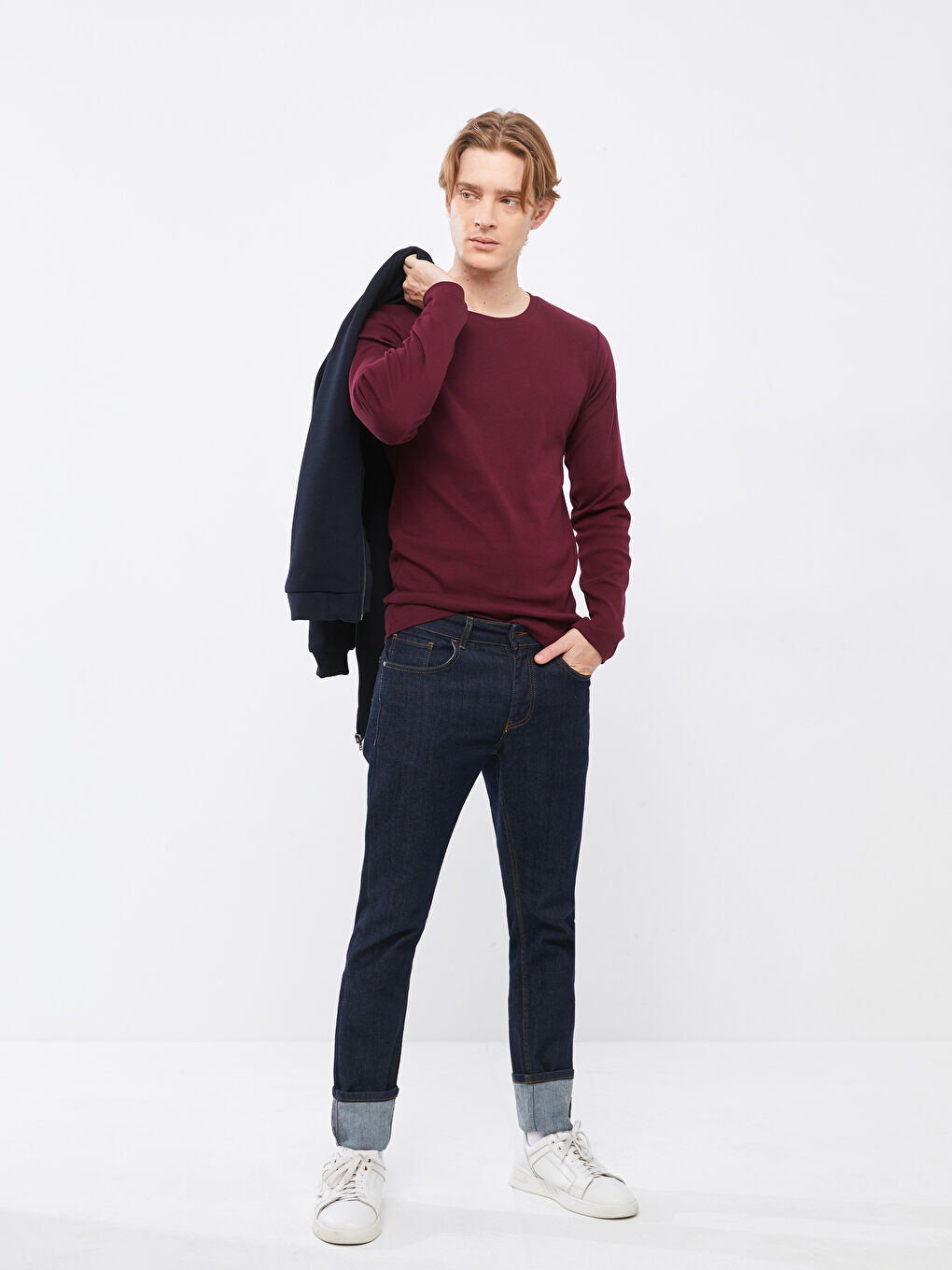 Bordo Bisiklet Yaka Uzun Kollu Basic Erkek Tişört-2