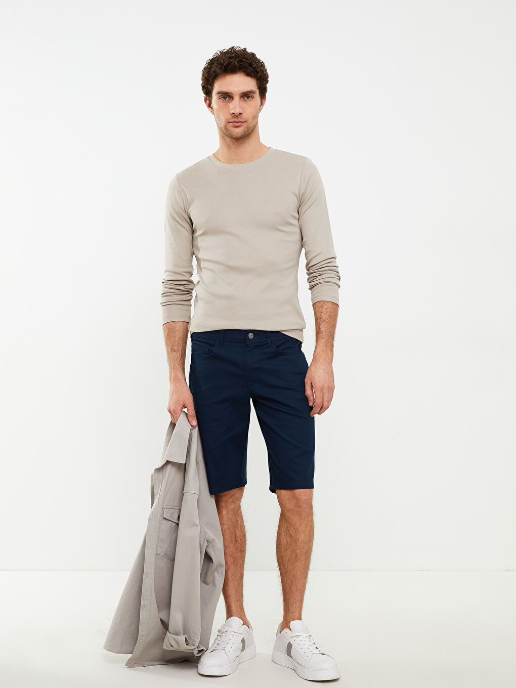 Bej Bisiklet Yaka Uzun Kollu Basic Erkek Tişört-1