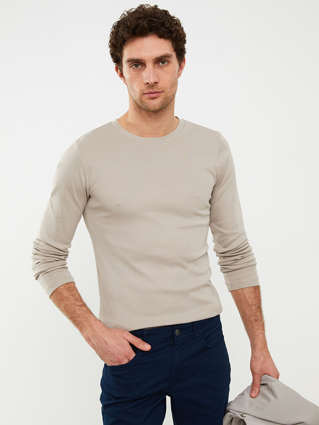 Bej Bisiklet Yaka Uzun Kollu Basic Erkek Tişört-3