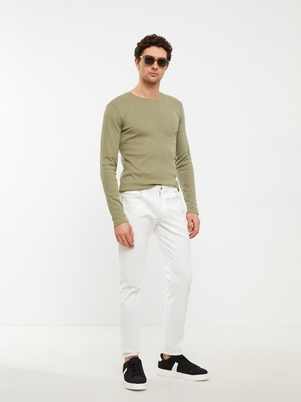 Haki Bisiklet Yaka Uzun Kollu Basic Erkek Tişört-1