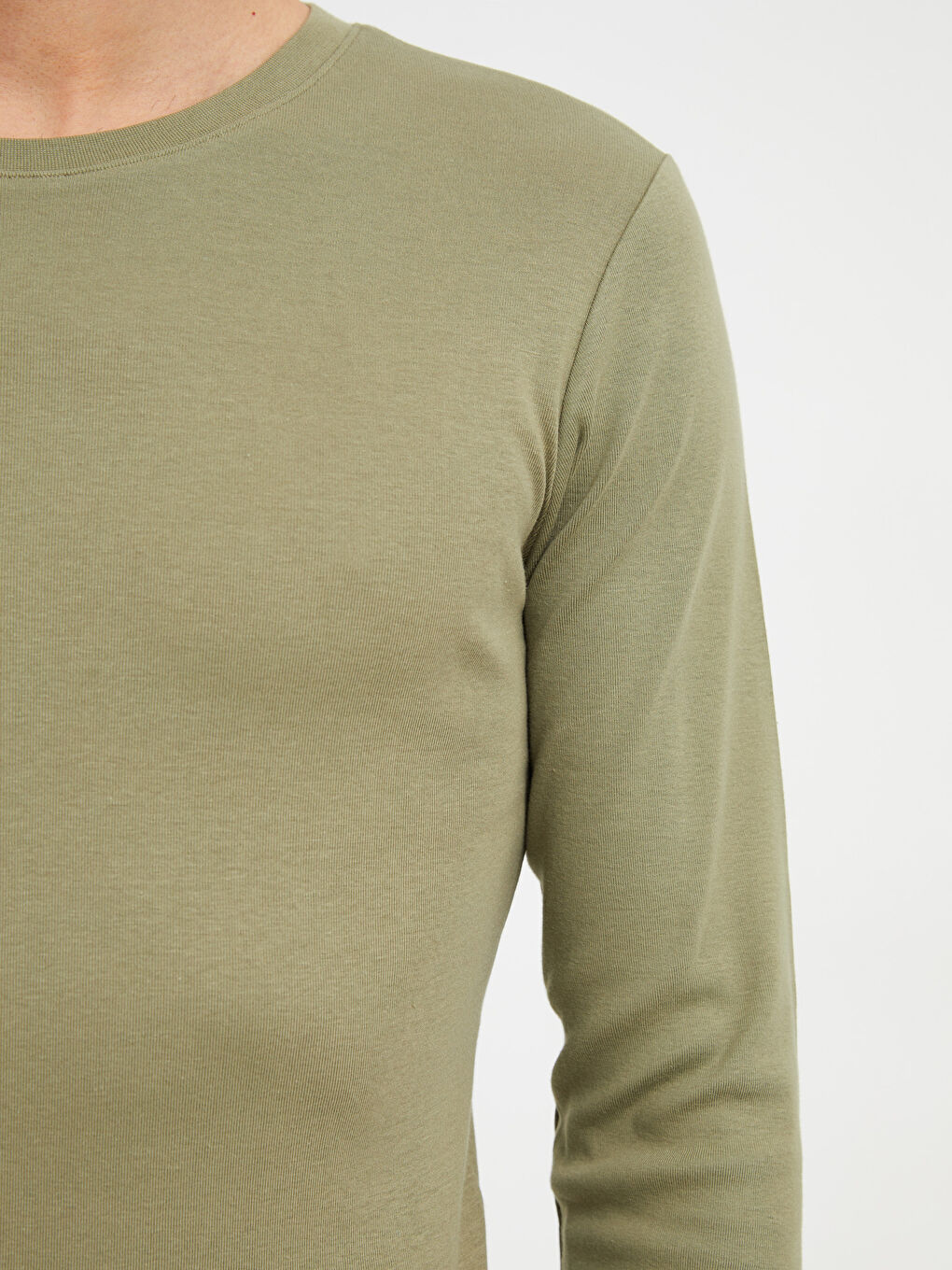 Haki Bisiklet Yaka Uzun Kollu Basic Erkek Tişört-3