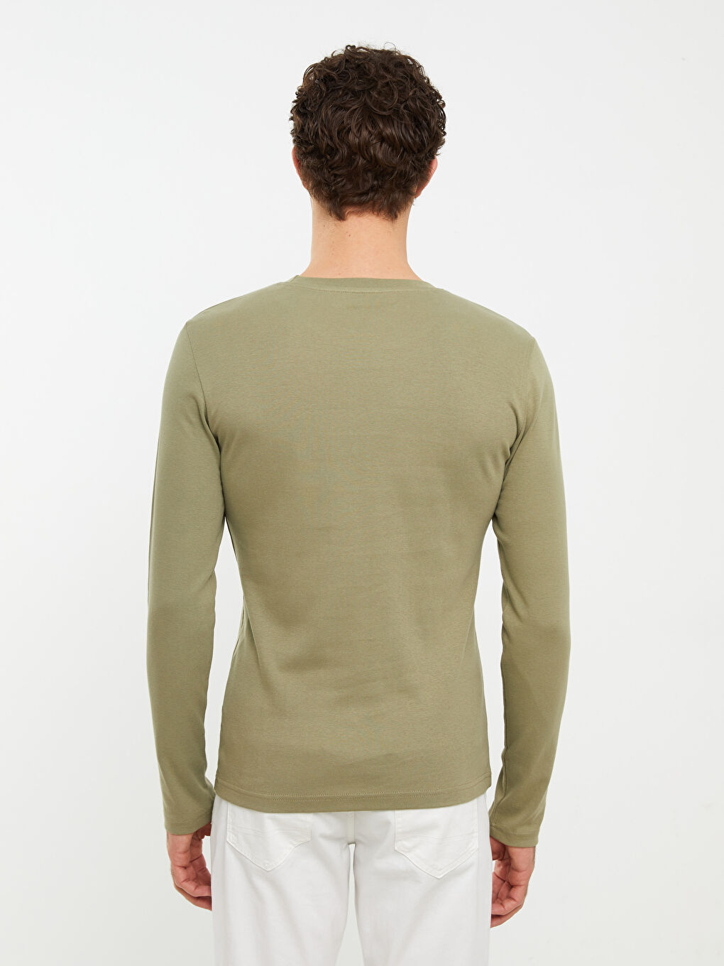 Haki Bisiklet Yaka Uzun Kollu Basic Erkek Tişört-4