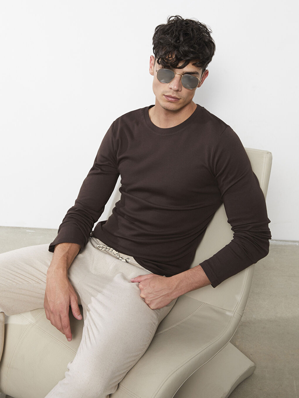 Kahverengi Bisiklet Yaka Uzun Kollu Basic Erkek Tişört