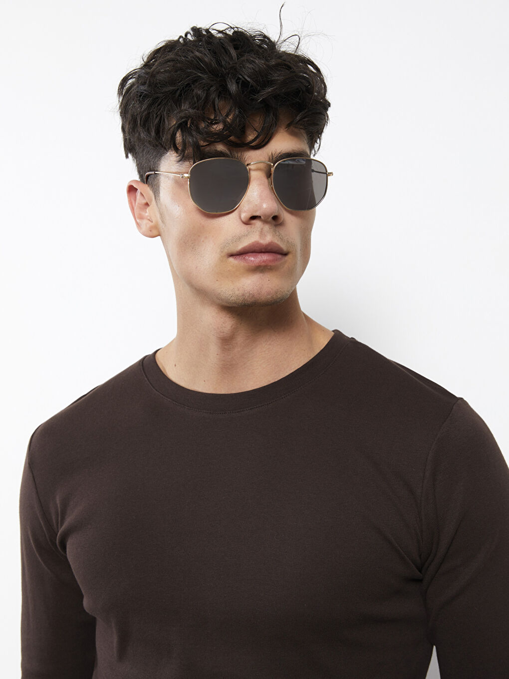 Kahverengi Bisiklet Yaka Uzun Kollu Basic Erkek Tişört-1