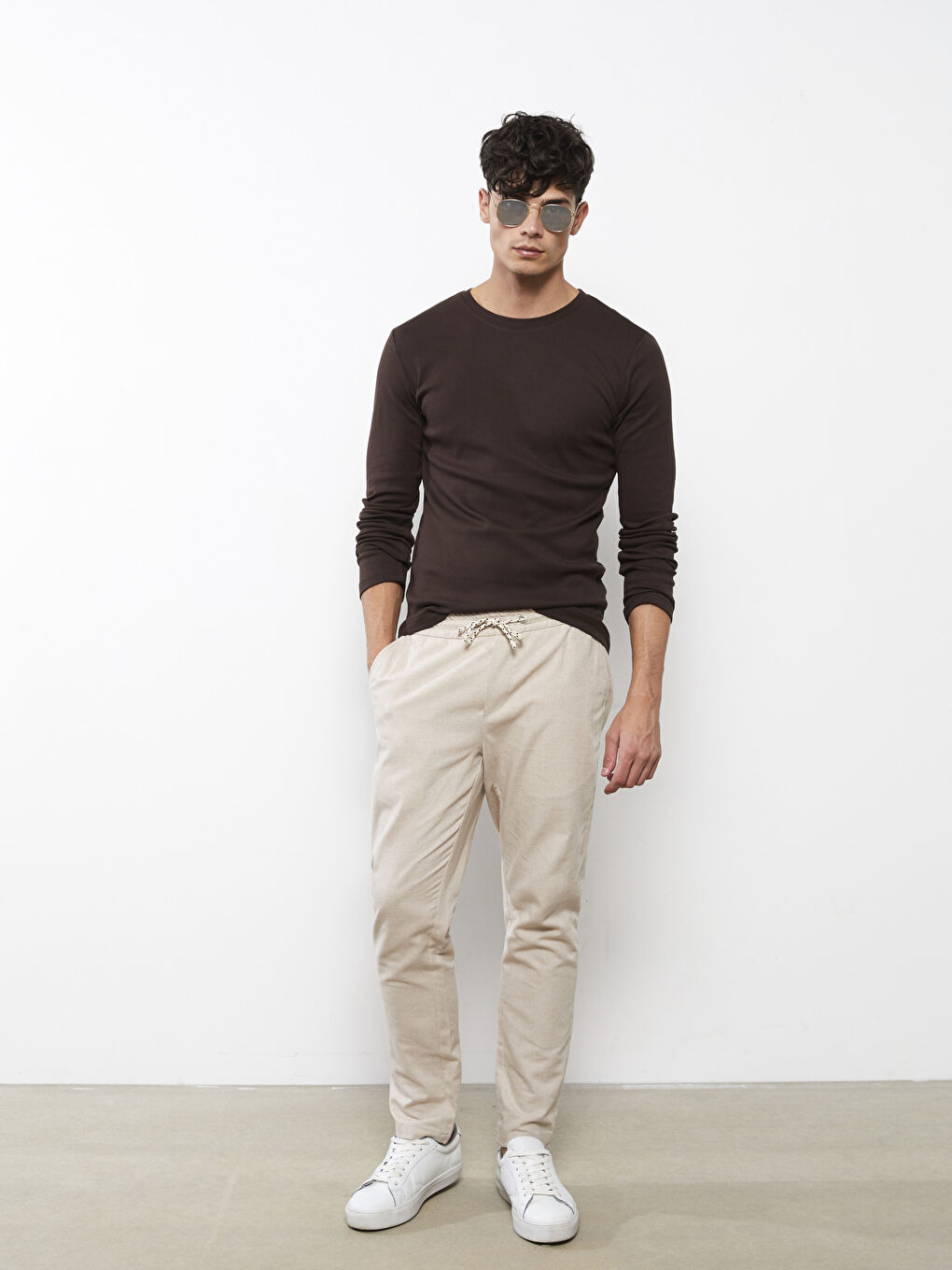 Kahverengi Bisiklet Yaka Uzun Kollu Basic Erkek Tişört-2