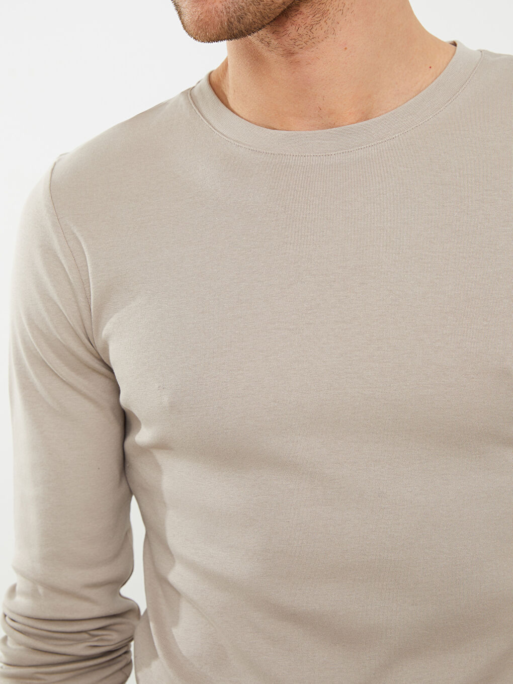 Bej Bisiklet Yaka Uzun Kollu Basic Erkek Tişört-4