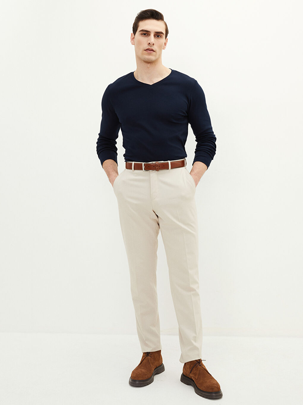 T-shirt pour Hommes à Manches Longues en Jersey avec Encolure en V-2