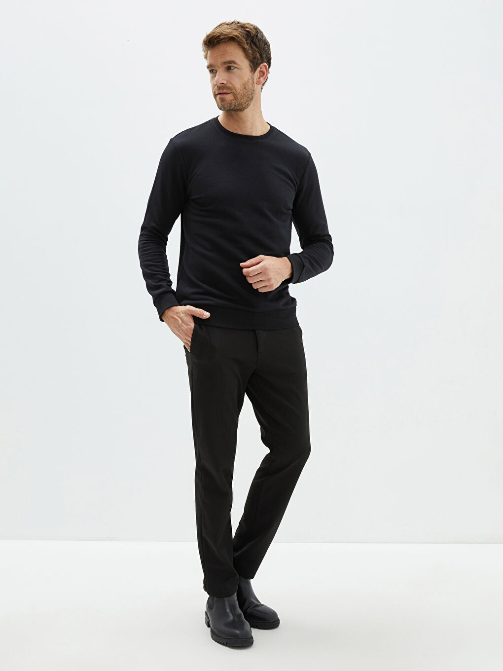 Siyah Bisiklet Yaka Uzun Kollu Erkek Sweatshirt-2