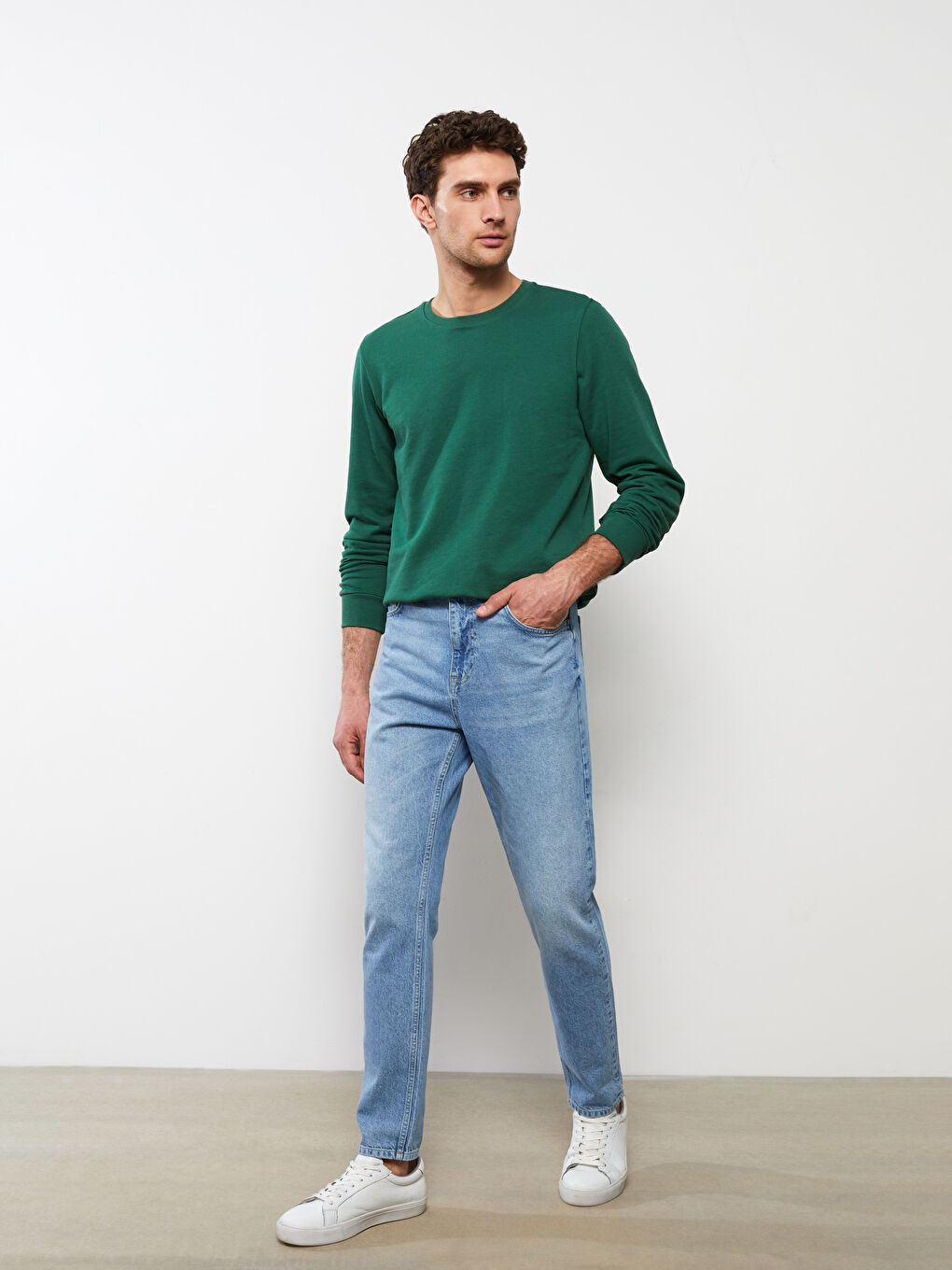 Yeşil Bisiklet Yaka Uzun Kollu Erkek Sweatshirt