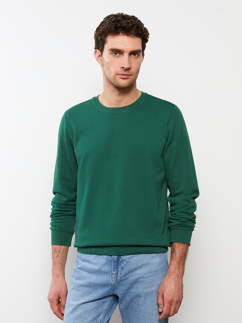 Yeşil Bisiklet Yaka Uzun Kollu Erkek Sweatshirt-2