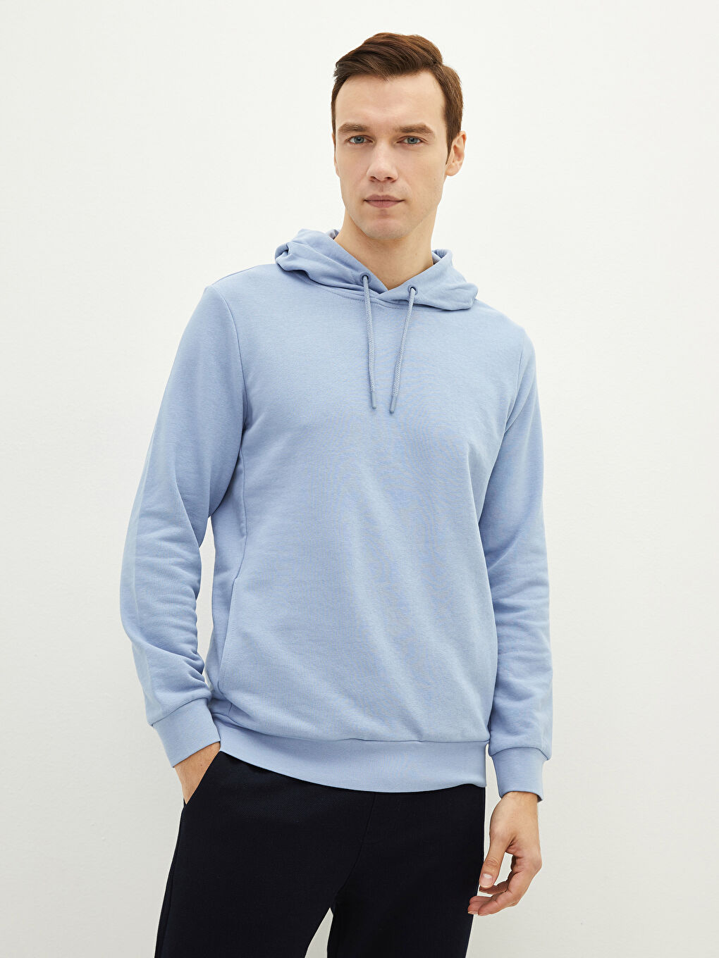 Mavi Uzun Kollu Basic Erkek Hoodie-1