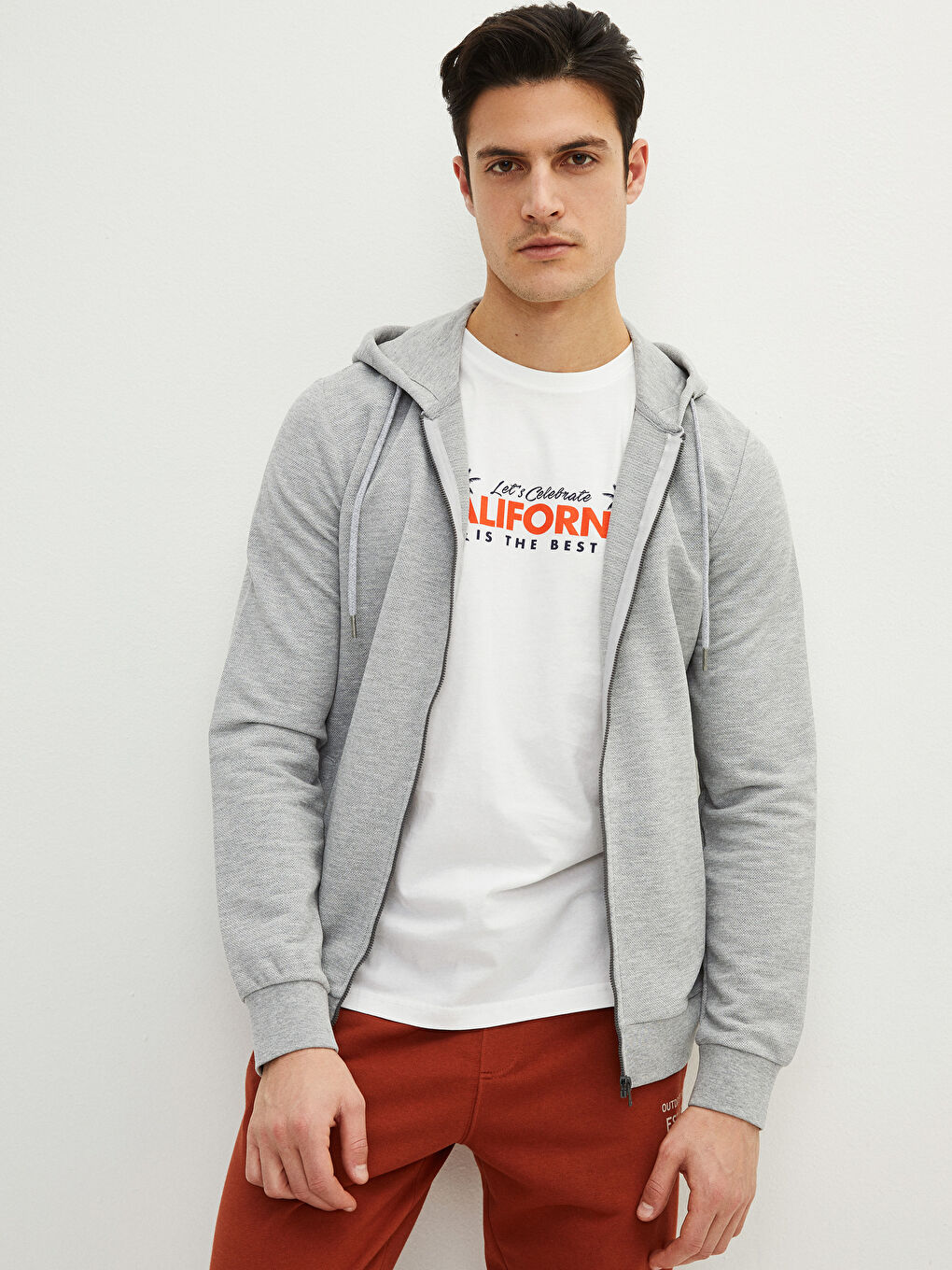 Gri Kapüşonlu Uzun Kollu Erkek Fermuarlı Sweatshirt