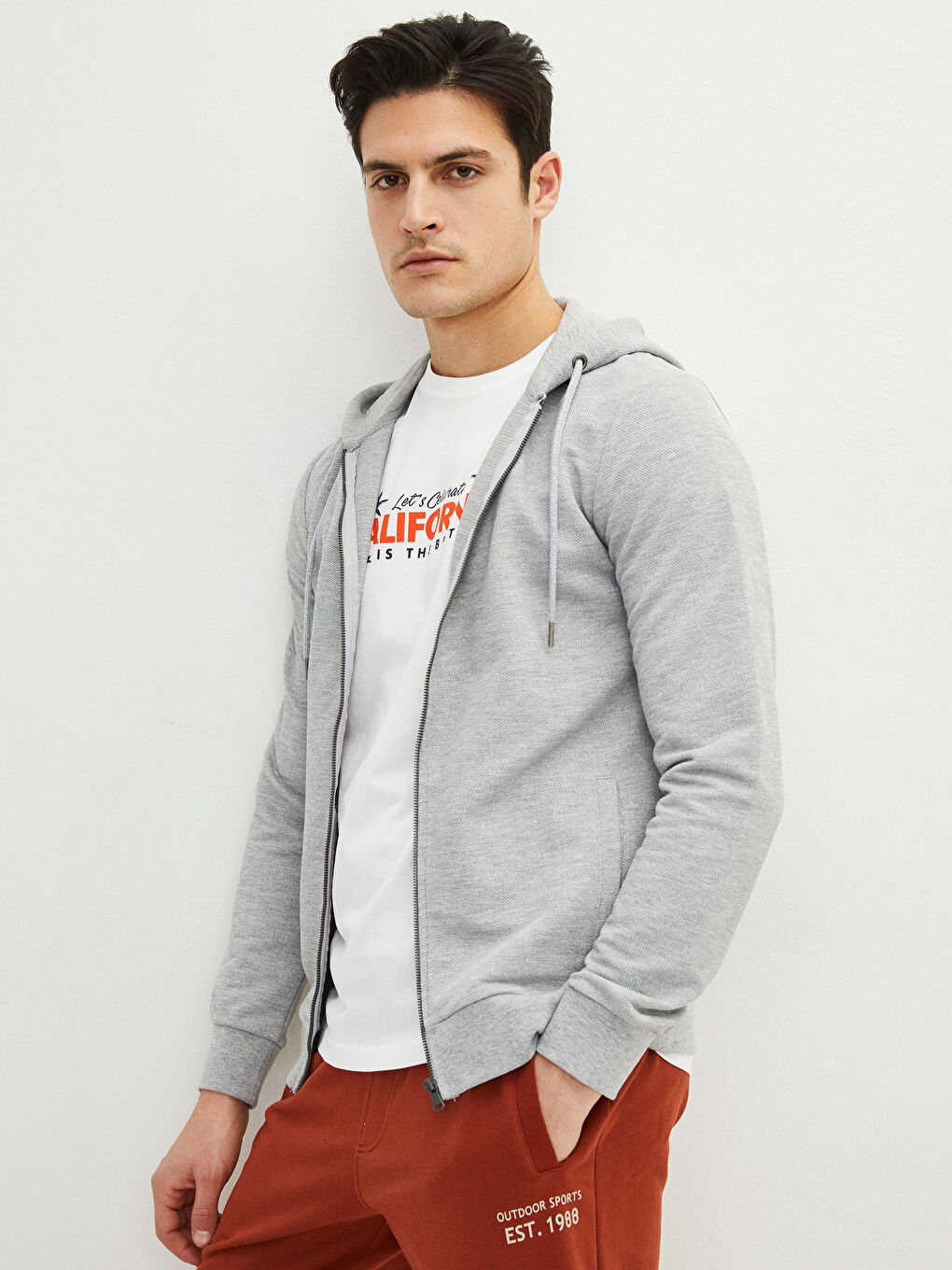 Gri Kapüşonlu Uzun Kollu Erkek Fermuarlı Sweatshirt-1
