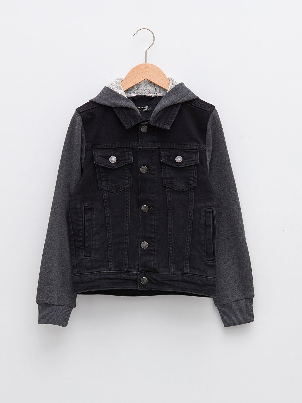 Siyah Kapüşonlu Uzun Kollu Erkek Çocuk Jean Ceket-4