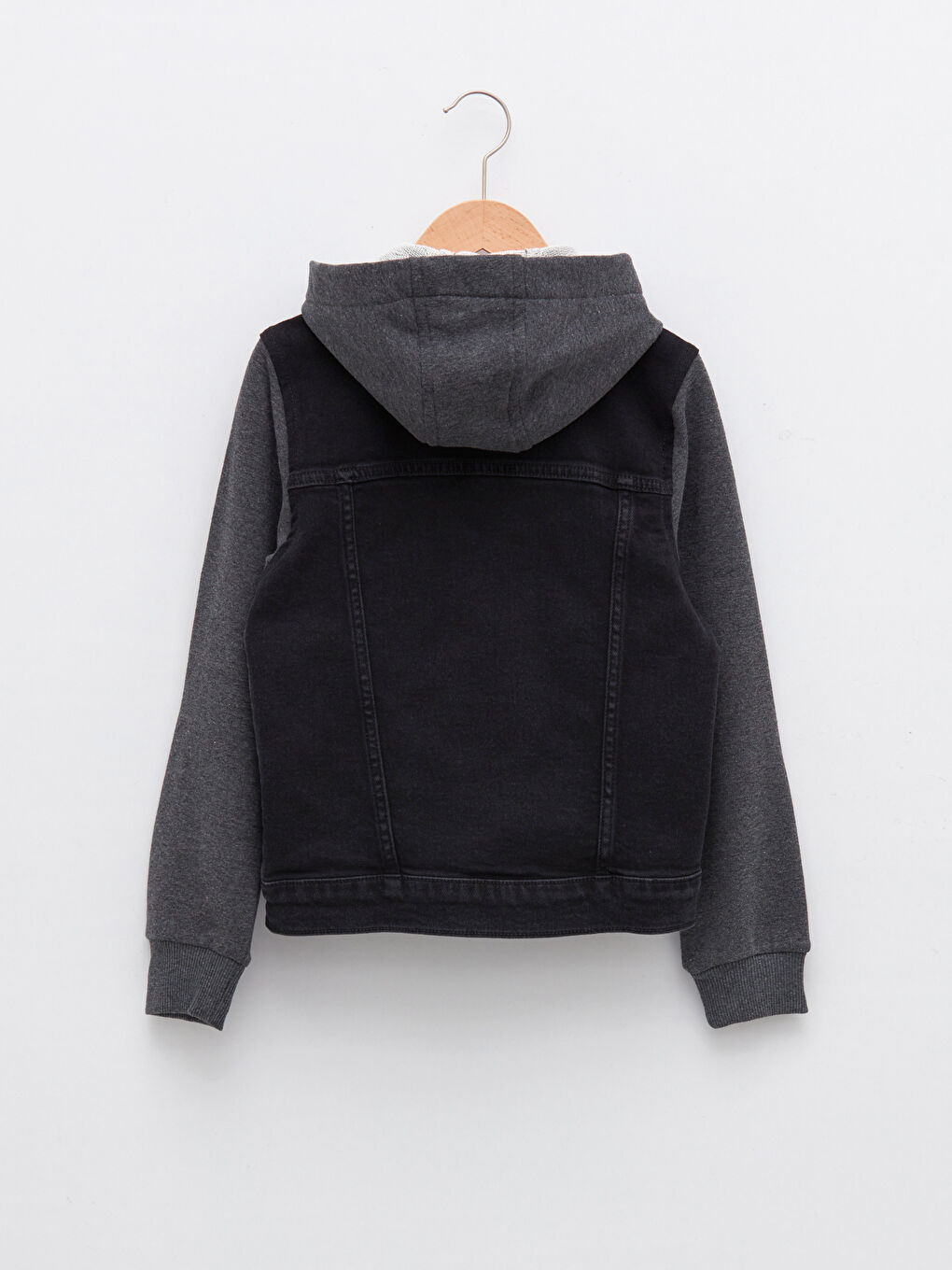 Siyah Kapüşonlu Uzun Kollu Erkek Çocuk Jean Ceket-5