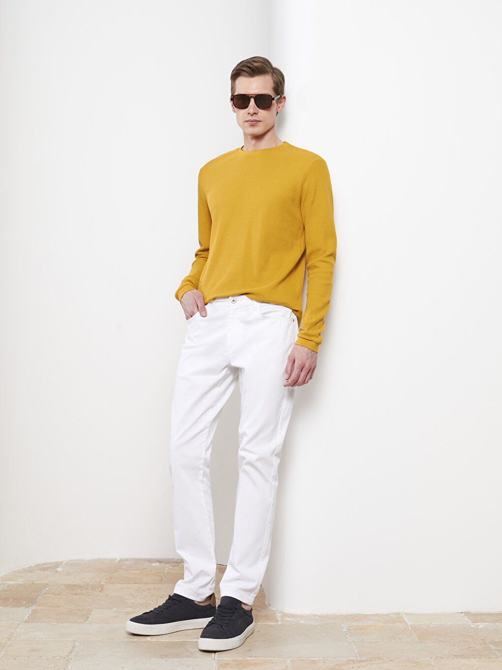 Sarı Bisiklet Yaka Uzun Kollu Erkek Tişört