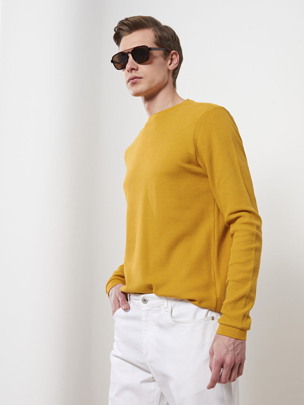 Sarı Bisiklet Yaka Uzun Kollu Erkek Tişört-1