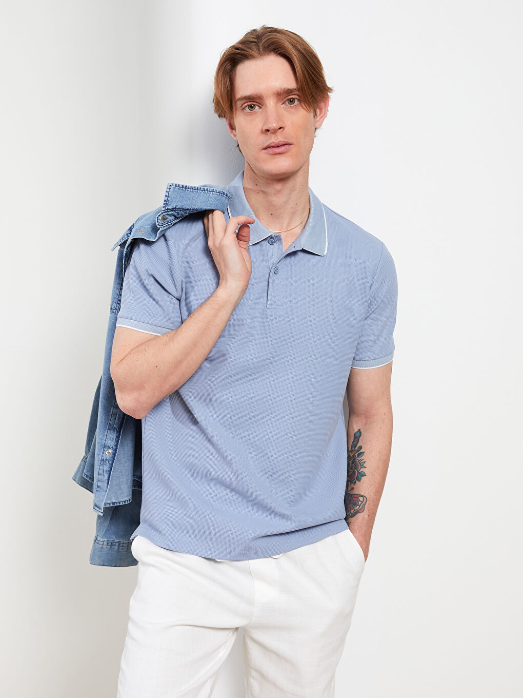 Mavi Polo Yaka Kısa Kollu Erkek Tişört-1