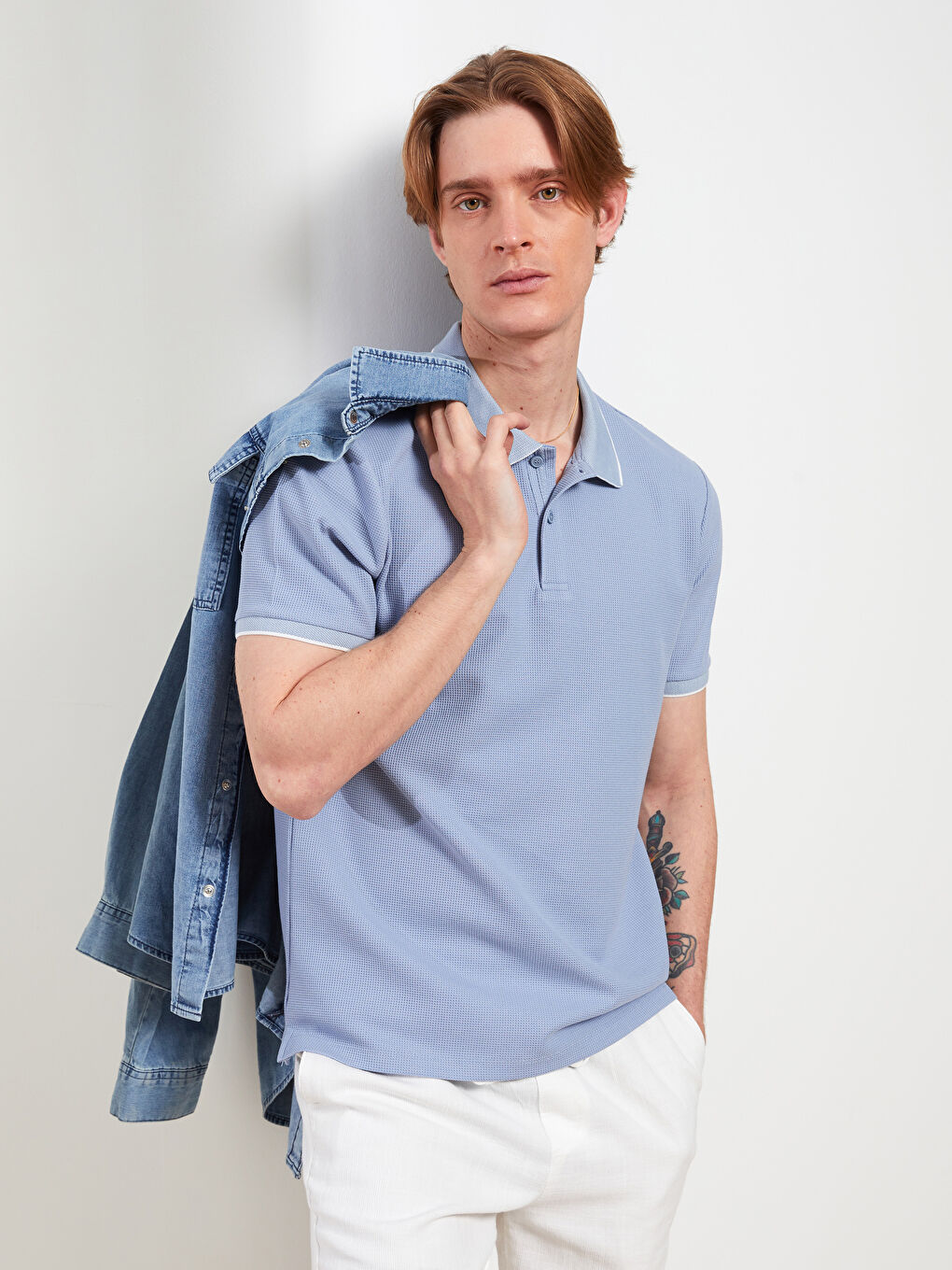 Mavi Polo Yaka Kısa Kollu Erkek Tişört-2