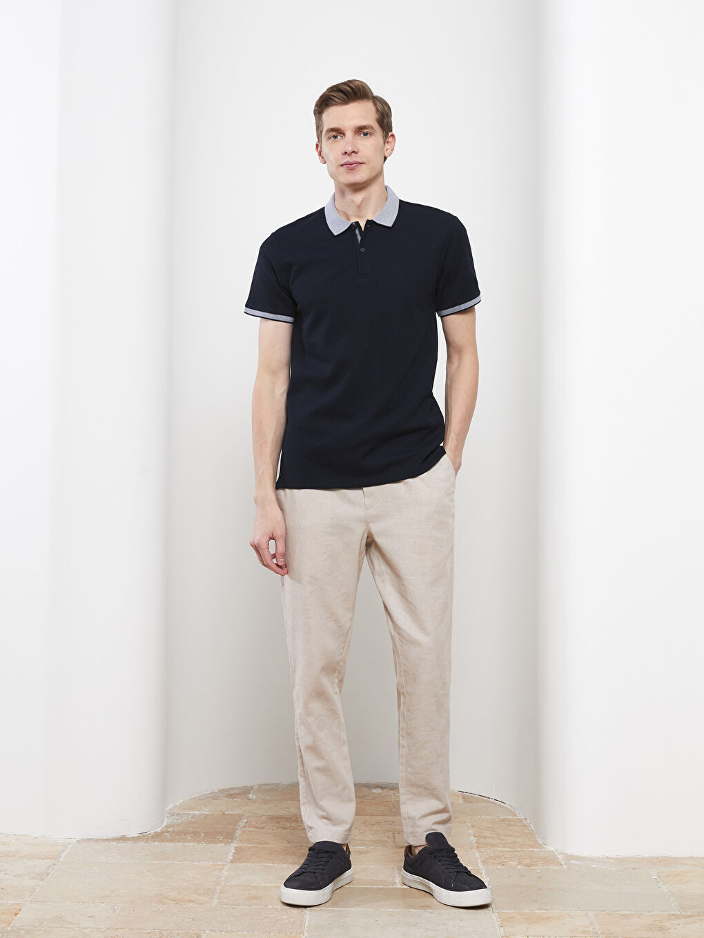 Lacivert Polo Yaka Kısa Kollu Erkek Tişört-1